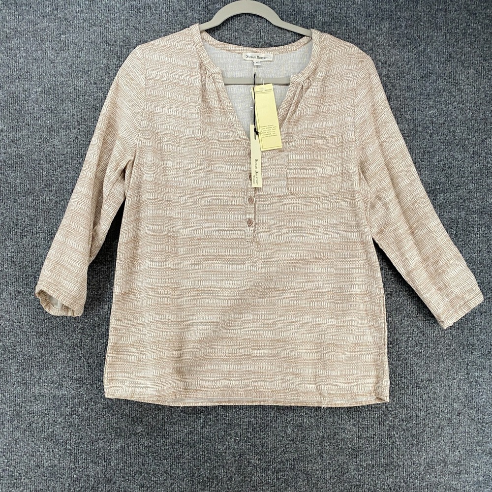Susan Bristol Blouse Top Womens M Linen Beige Tunic V-Neck 3/4 Sleeve Coastal